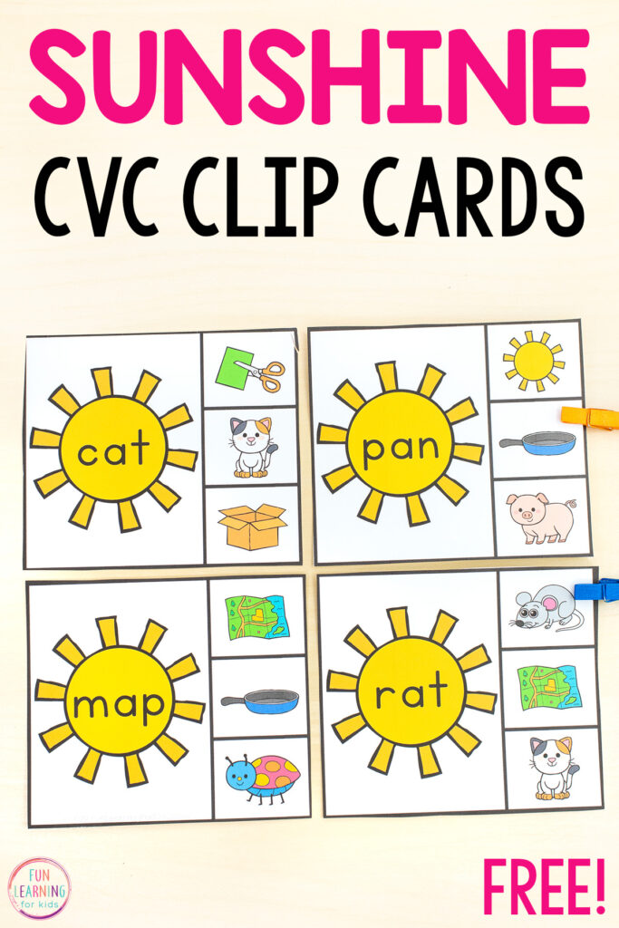 These sun CVC word clip cards will make learning to read CVC words a fun and hands-on experience.