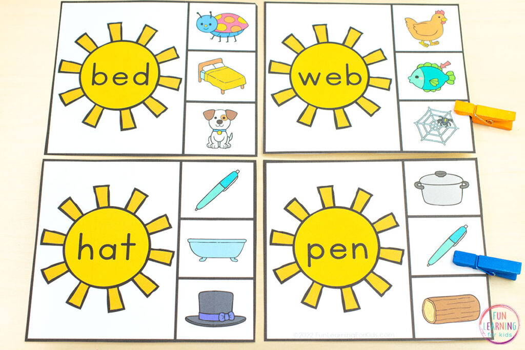Free sunshine CVC words activity for your summer theme literacy centers or small groups in kindergarten and first grade.