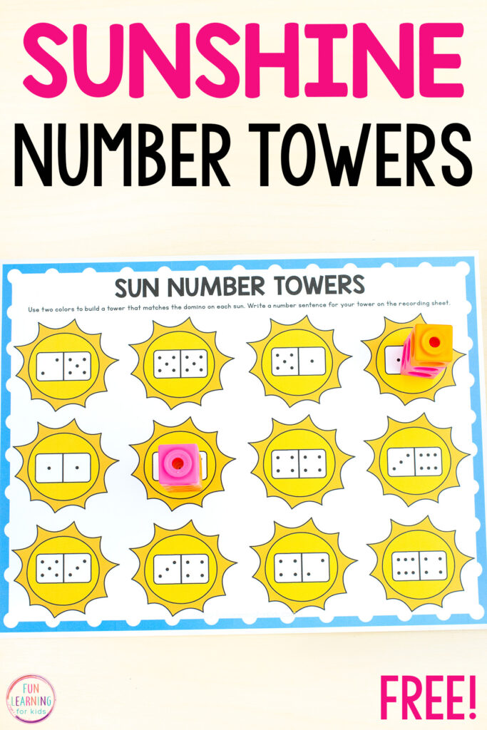 Sun number tower mats with a sun theme. Each sun as a domino on top of it and students make a tower to match the domino. This is a hands-on engaging way to learn to compose and decompose numbers.
