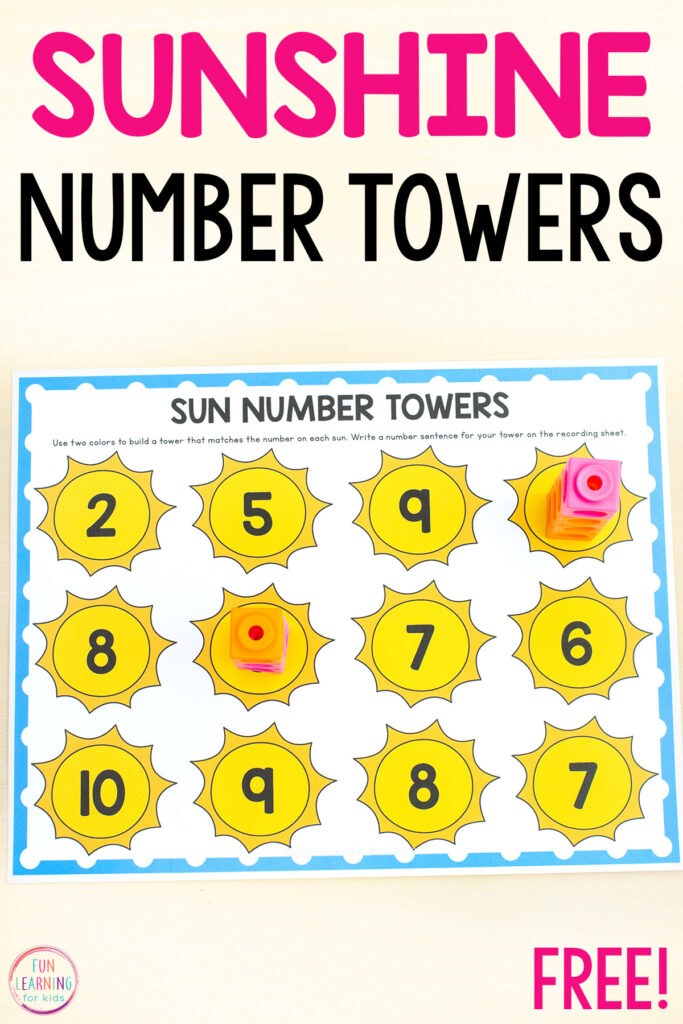 A free printable sun themed math activity for practice with number composition.