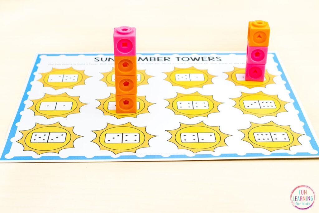 A sunshine theme number sense math activity for practice with composing and decomposing numbers to ten and making number sentences.