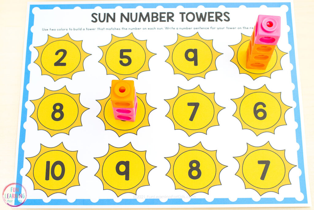 A summer sun math counting activity for preschool or kindergarten.