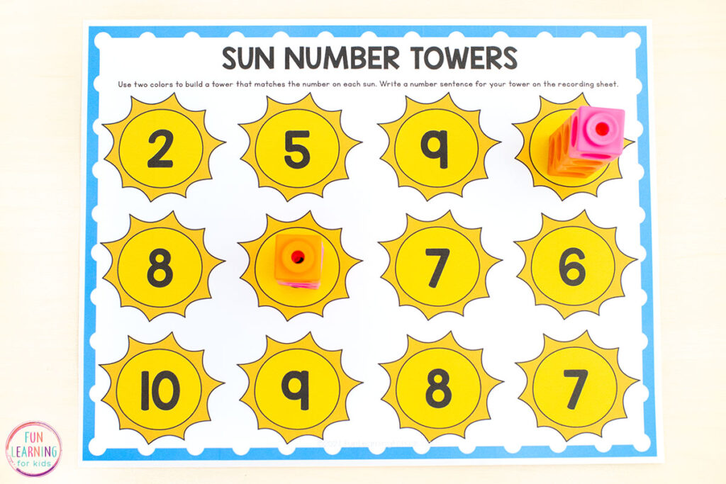 A free printable sun theme math activity for preschool, kindergarten and first grade.