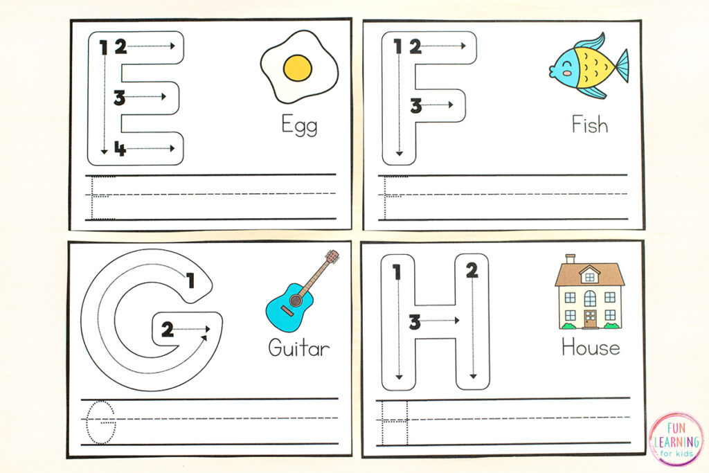 Students will follow the guide to learn correct letter formation and then they will trace the letter and write the letter on handwriting lines. Cards include a beginning sound picture as well.
