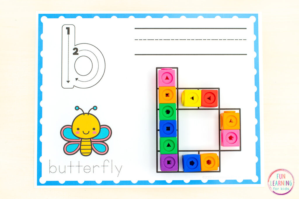Free lowercase snap cube alphabet mats for kids.