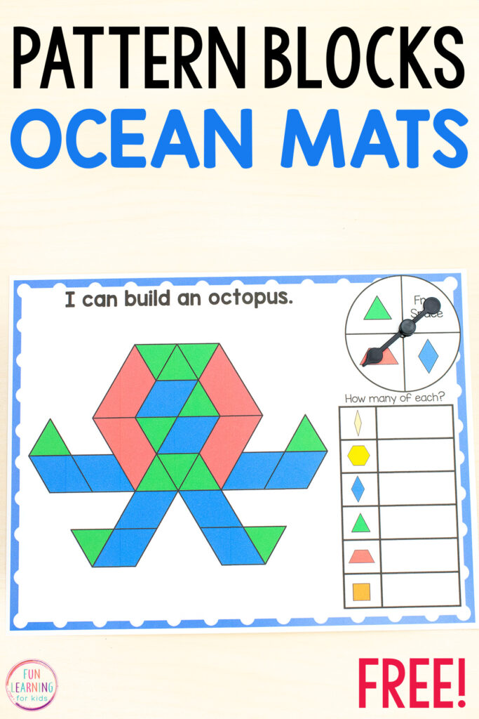 A pattern block mat with an octopus on it. A fun ocean theme shapes activity where students use pattern blocks make ocean theme objects and then count how many of each type of block there is in that design.