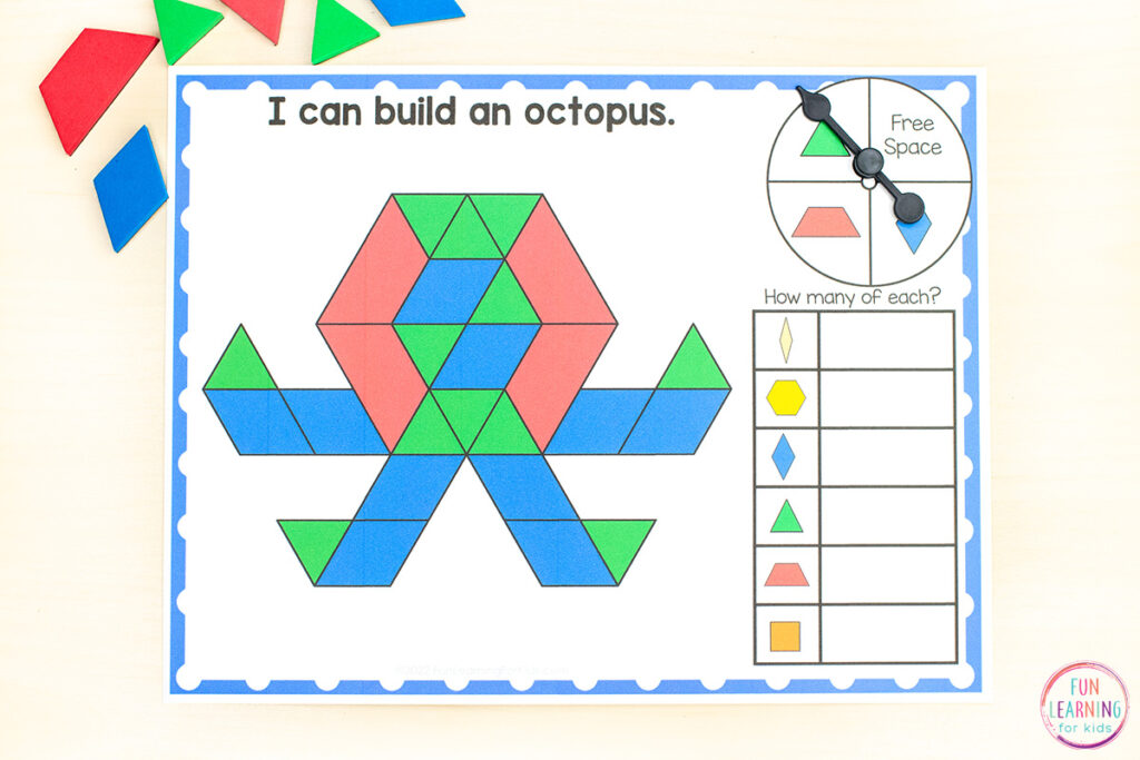 A fun ocean math activity for learning about and exploring shapes. Make the ocean theme object by covering each shape with a pattern block and then count how many of each shape there is.
