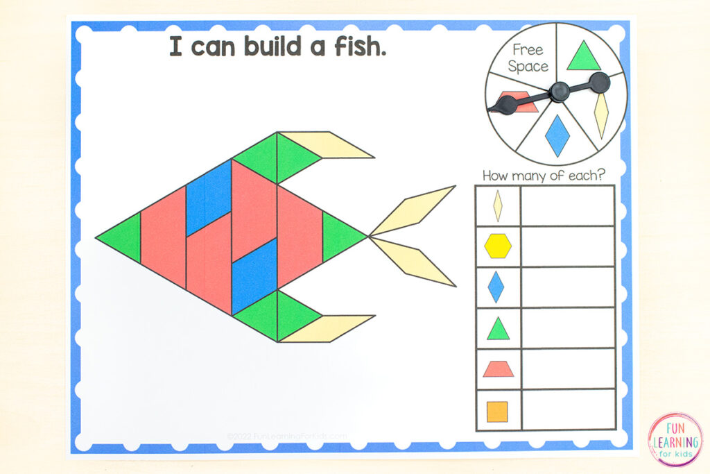 This ocean pattern block mat has a fish on it. Plus a table to use to record how many of each pattern block is used in the design.