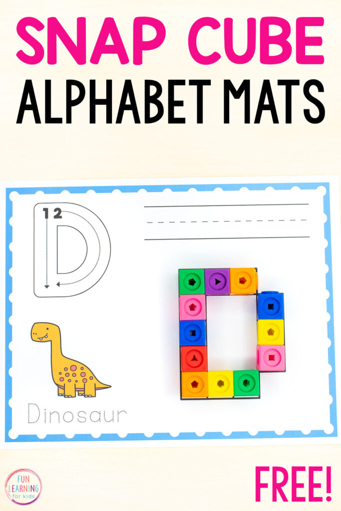 Free printable alphabet mats for learning letters and letter formation while using snap cubes. Build the letter with snap cubes, trace the letter with guide lines, write the letter on handwriting lines and trace the name of the object that starts with that letter.