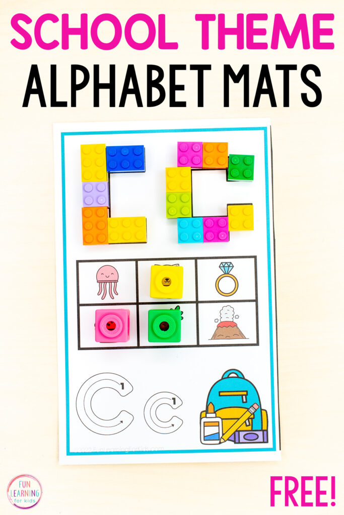 Back to school theme alphabet activity mats free printable for your literacy centers in preschool and kindergarten.