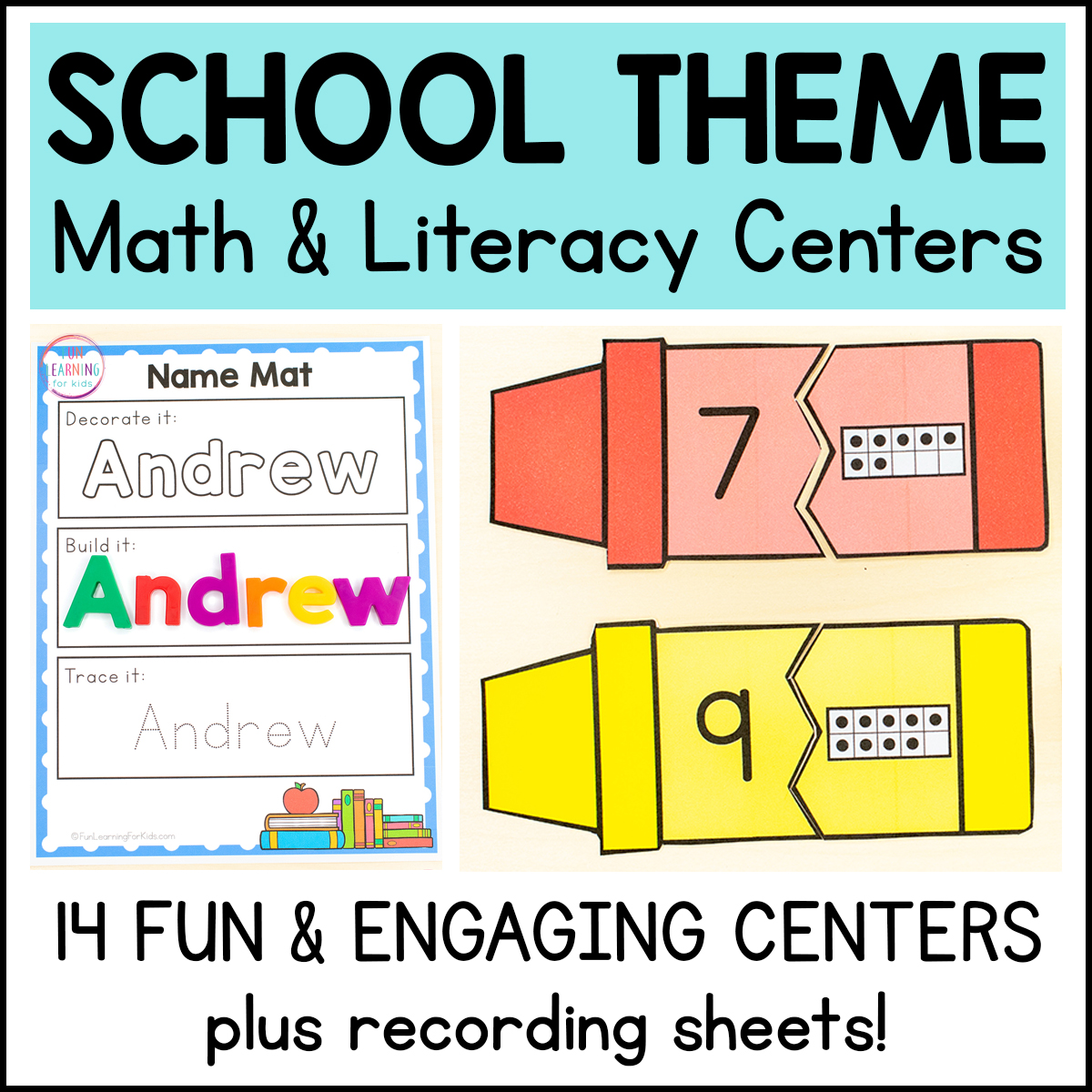 Back to school theme math and literacy centers for kids in preschool, pre-k and kindergarten.