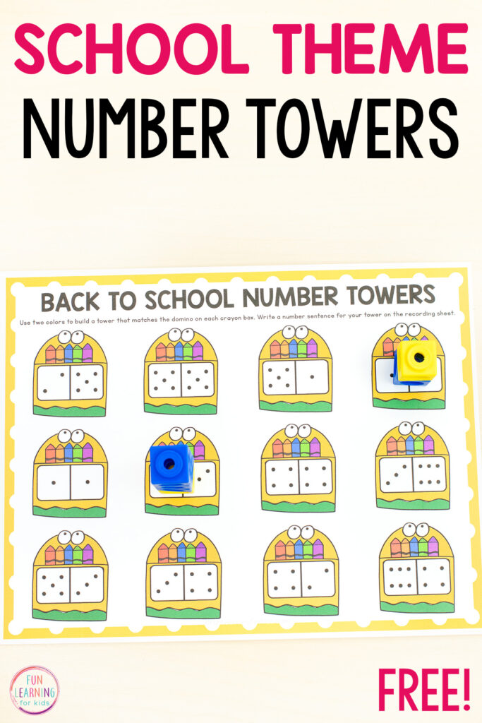 Free printable back to school number sense activity for kids. Students will make a snap cube tower that matches the domino on each crayon box and then write a number sentence to match.