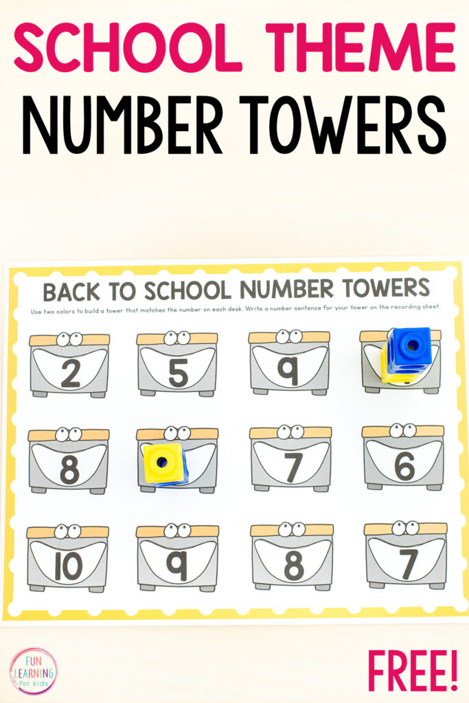 Number mats with a back to school theme. Students build a tower that matches the number on each crayon box or desk and then write the corresponding number sentence on the recording sheet.