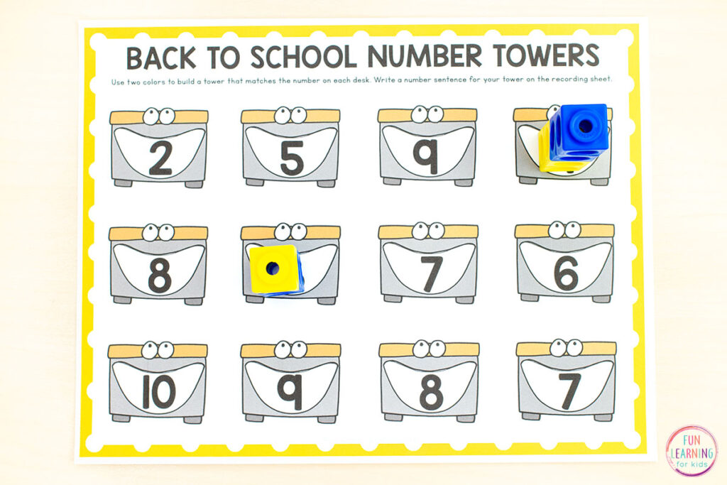 No-prep back to school theme math center activity for kids.