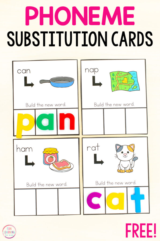 Phoneme substitution phonemic awareness and phonics activity for kids who are learning to read.