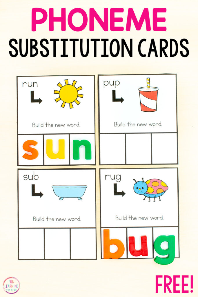 Phoneme substitution activity for kids who are learning to read.