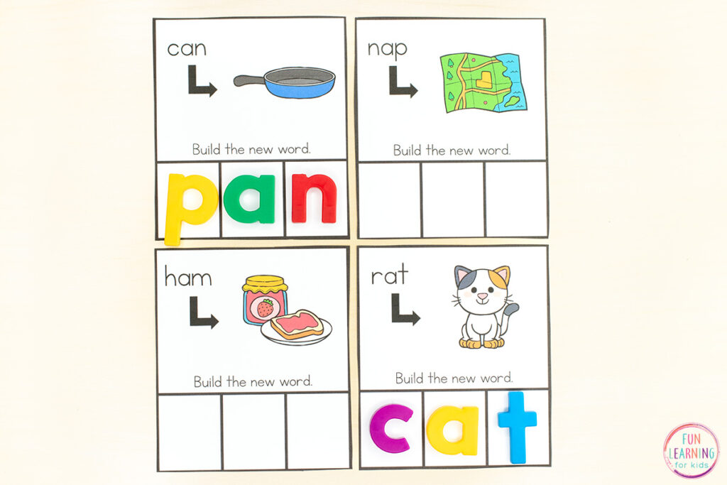A free printable phonics activity for practice with initial phoneme substitution.