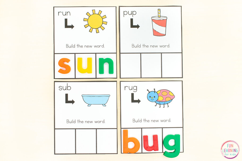 Use these phoneme substitution cards to practice phonemic awareness and phonics skills in a fun, engaging way.