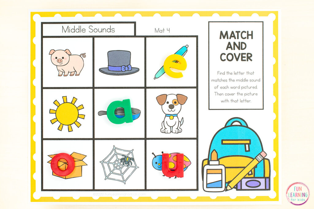 A printable phonics activity for kids to use while practicing letter sound isolation in kindergarten and first grade.