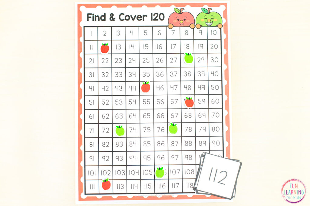 A fun apple theme math activity for learning numbers to 100 or numbers to 120 while playing a fun math game.