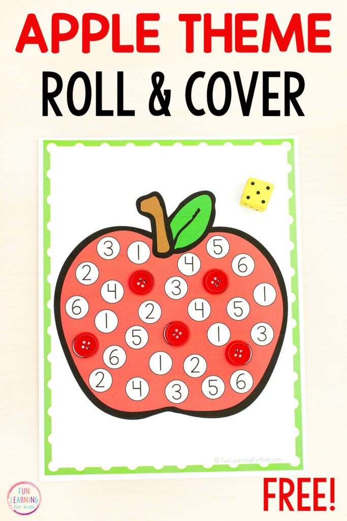 Free printable apple theme math activity for learning numbers, counting and addition while building number sense in preschool and kindergarten.