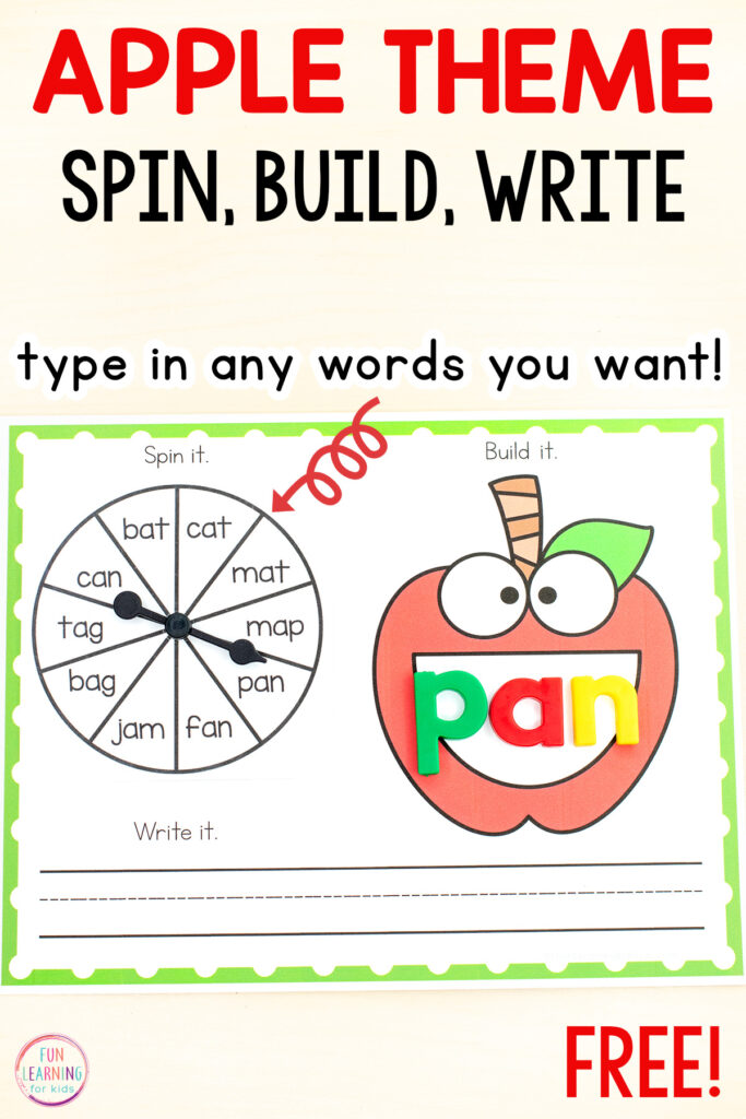 Free printable apple theme word work mats for learning CVC words, high frequency words, spelling words and more!