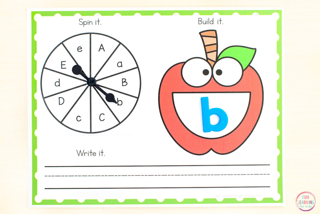 Apple theme alphabet activity for learning letters and letter formation in preschool, pre-k and kindergarten.