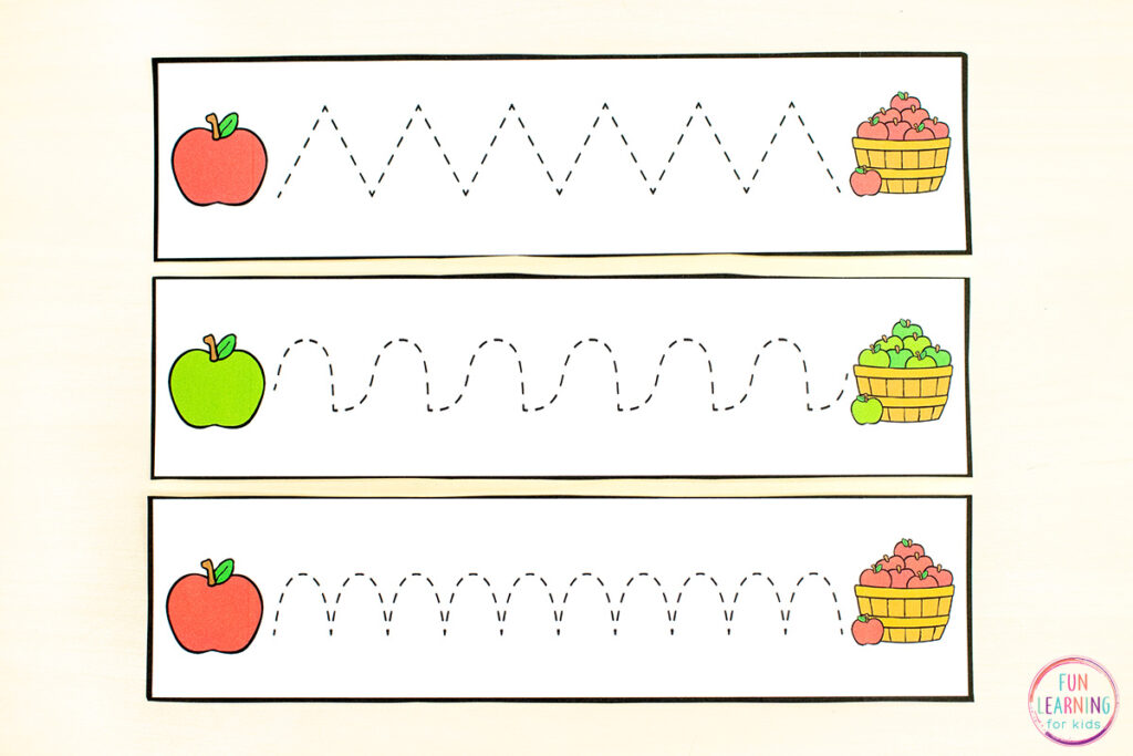Pre-writing tracing strips for your apple theme literacy or writing centers in preschool and kindergarten.