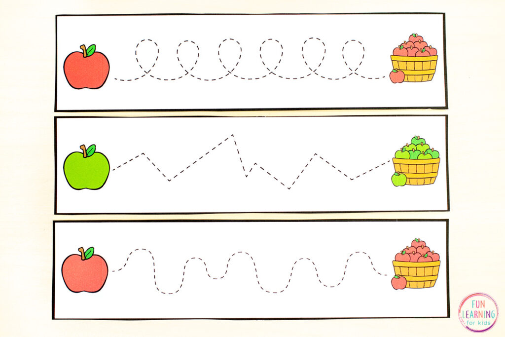 Apple theme pre-writing fine motor tracing strips for your fall centers.