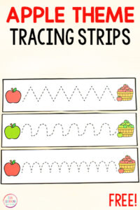Apple theme pre-writing tracing strips for fine motor skills with kids in preschool.