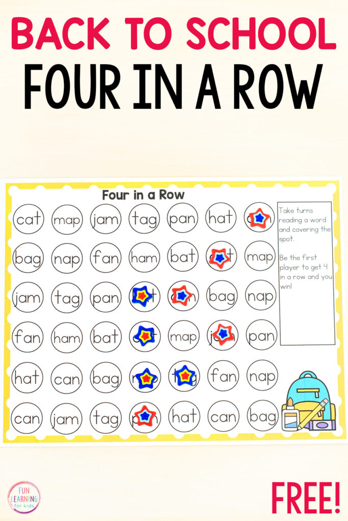 Free printable back to school editable four in a row game for word work, sight words, high frequency words, letters, numbers, math facts and more!