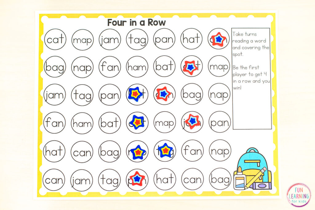 Free printable four in a row game for kindergarten and first grade. This editable game is going to make literacy centers so much fun!
