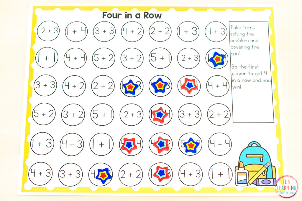 Free editable back to school themed four in a row game for learning math facts. numbers, letters, words and more!