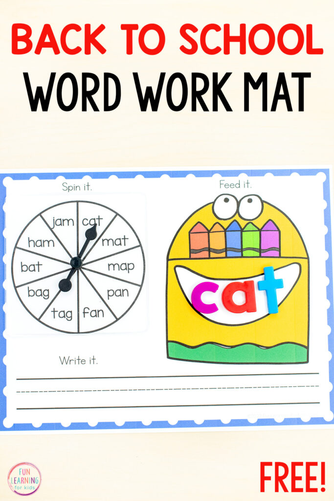 These back to school theme word work mats are perfect for literacy centers in kindergarten and first grade. The kids will have lots of fun spinning a word, building the word and then writing the word.