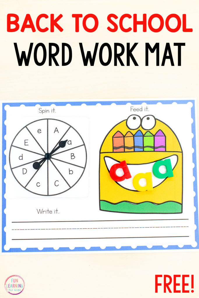 Free printable back to school word work activity mats for learning to read and write words. Perfect for phonics, letters and letter sounds, high frequency words and more!
