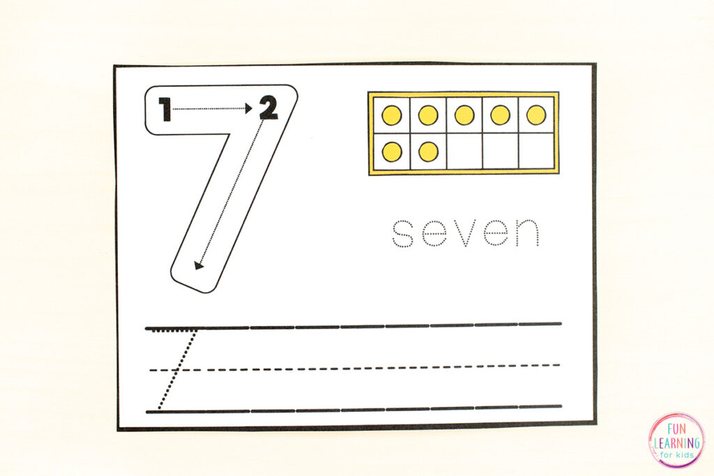 Number formation cards show the number in a large number formation font with arrows to guide while tracing. They also include a ten frame representation of the number, the number word in a tracing font and a tracing font on handwriting lines for students to trace the number and then write the number on the lines.