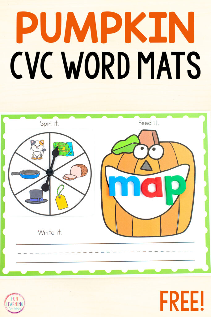 Free printable pumpkin theme CVC word work mats for learning to read, spell and write CVC words in kindergarten and first grade.