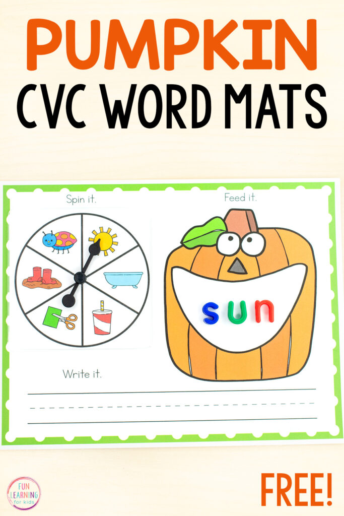 A free printable pumpkin CVC words activity for learning to read CVC words, spell CVC words and write CVC words. Perfect for fall literacy centers in kindergarten and first grade.