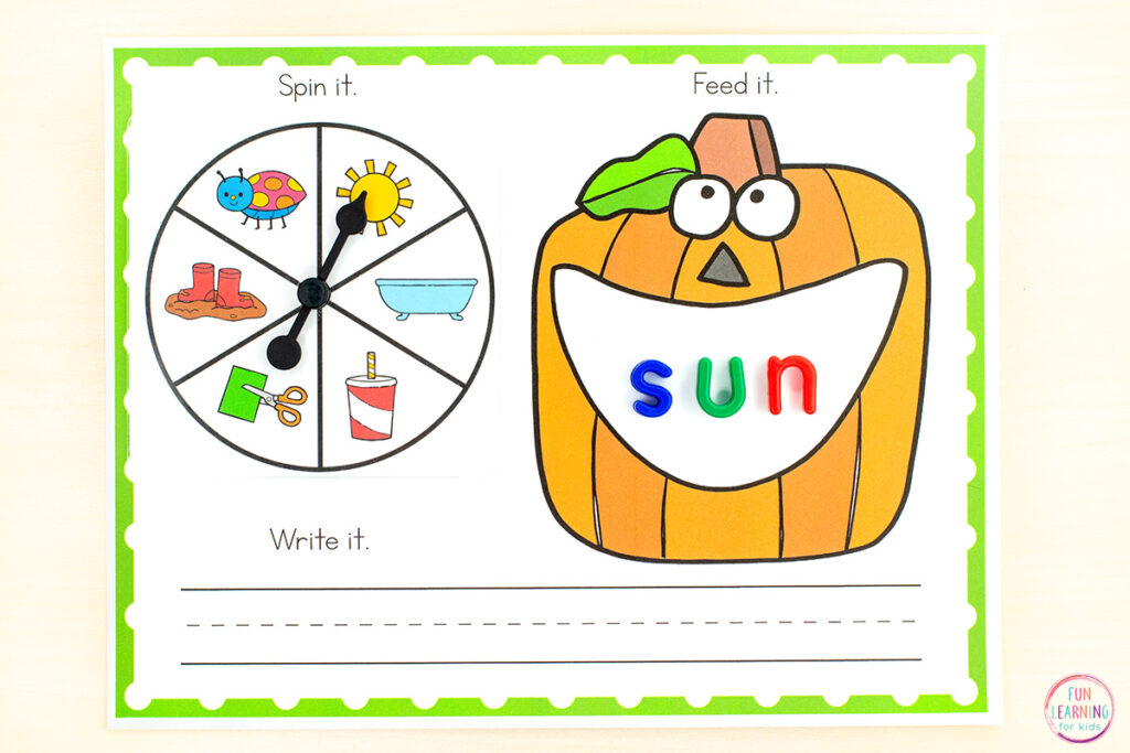 Add this free printable pumpkin theme CVC word work mat to your fall literacy centers for lots of fun and learning!