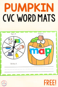 Pumpkin CVC word work activity for kids in kindergarten and first grade.