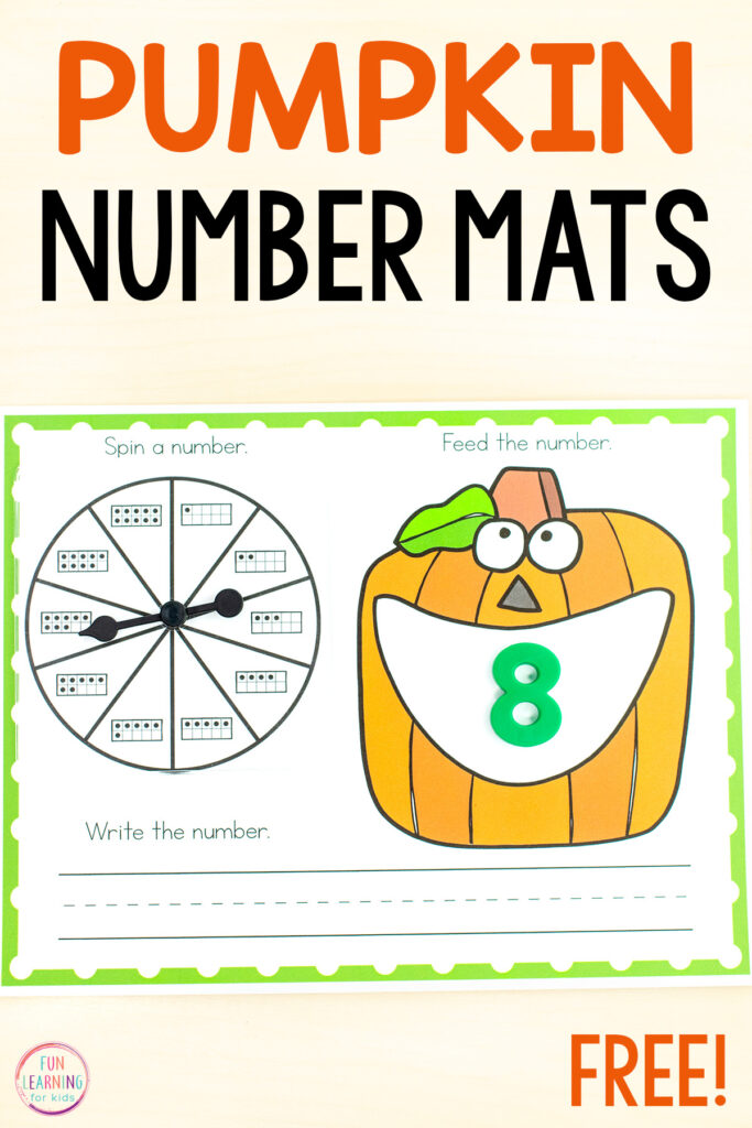 Free printable pumpkin theme numbers and counting mats for fall literacy centers in preschool and kindergarten.