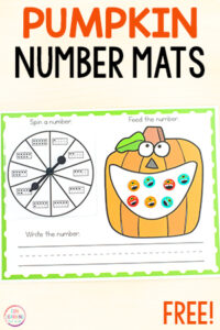 Pumpkin theme numbers and counting mats for kids in preschool and kindergarten.