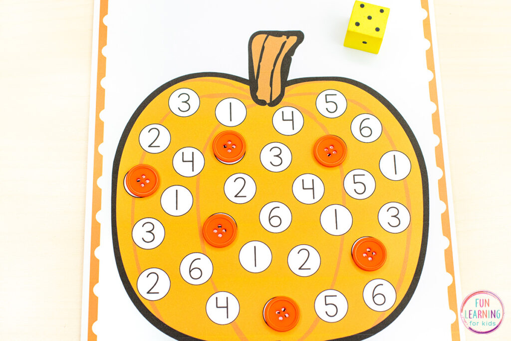 A fun pumpkin theme math activity for learning numbers and number recognition in preschool, pre-k and kindergarten.