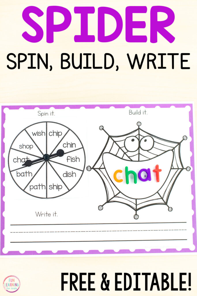 Free printable spider word work mats for your spider theme literacy centers in preschool, kindergarten and first grade.