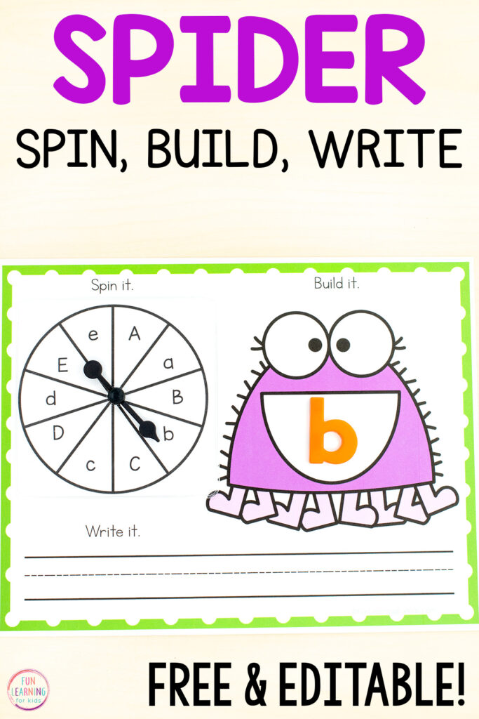 Free printable spider theme literacy activity that is editable and can be used for letters, CVC words, phonics skills, sight words and lots of other word work. 