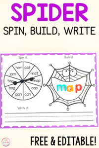 Free printable spider literacy center activity for learning letters, CVC words, phonics skills and high frequency words.
