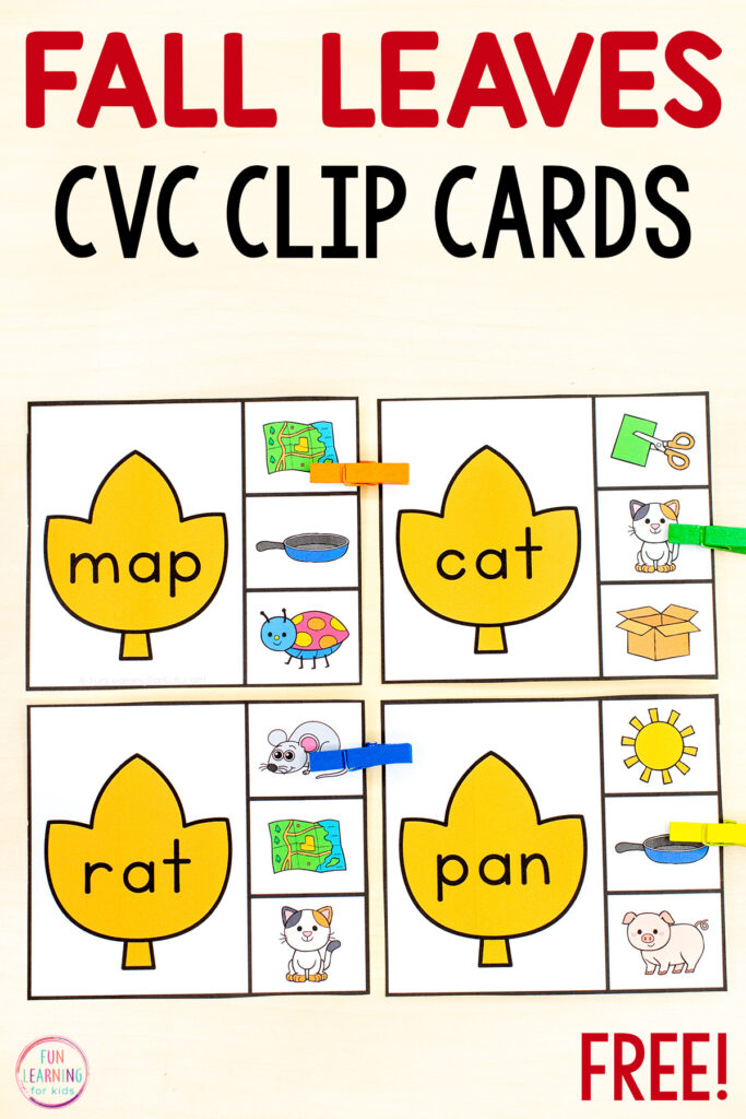 Free printable fall leaves CVC words clip cards for learning to read CVC words in kindergarten and first grade. Simply read the word on the leaf and then clip of the 3 pictures on the right that matches the word.