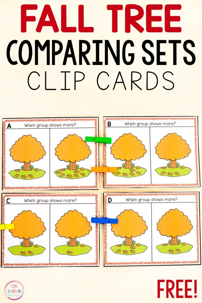 Free printable fall leaves comparing sets clip cards for learning to determine more or less. Perfect for fall math centers in preschool and kindergarten.