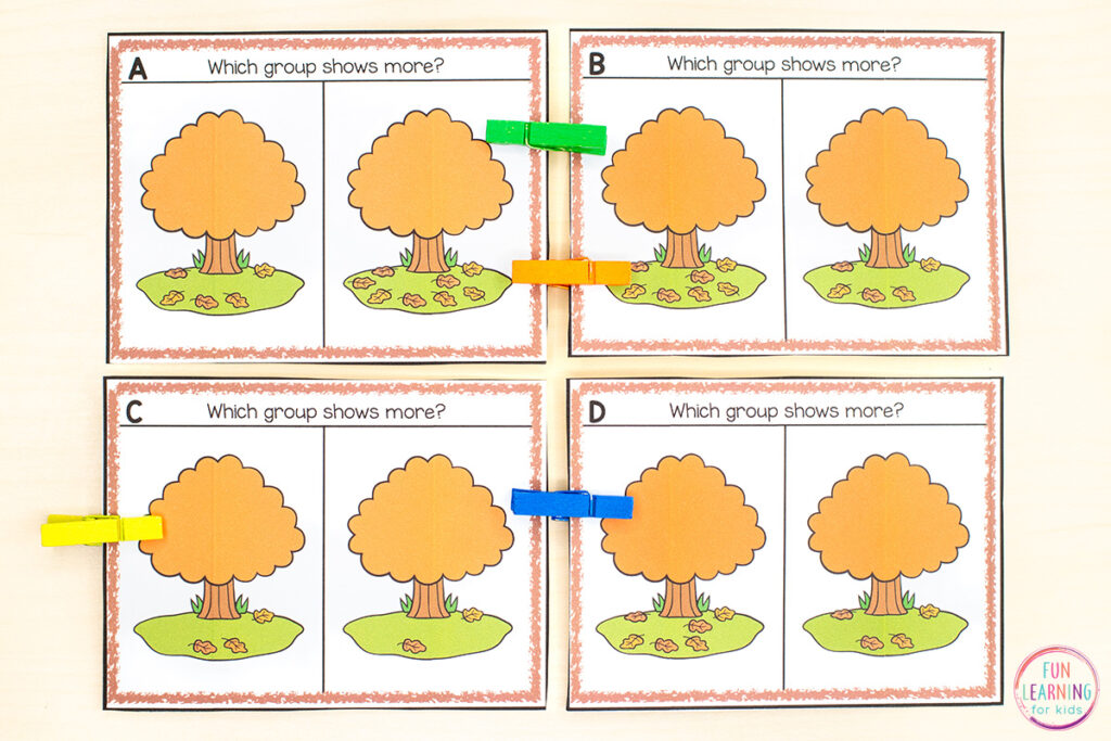 Free printable comparing numbers math activity for learning to compare sets and tell which one is greater than or less than.