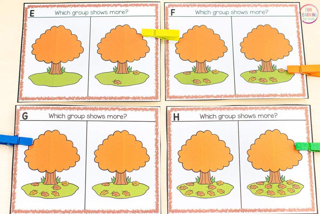 Free printable comparing numbers math activity for kids in preschool, pre-k or kindergarten. Students will count the leaves that have fallen under each tree and then clip the one that shows more.